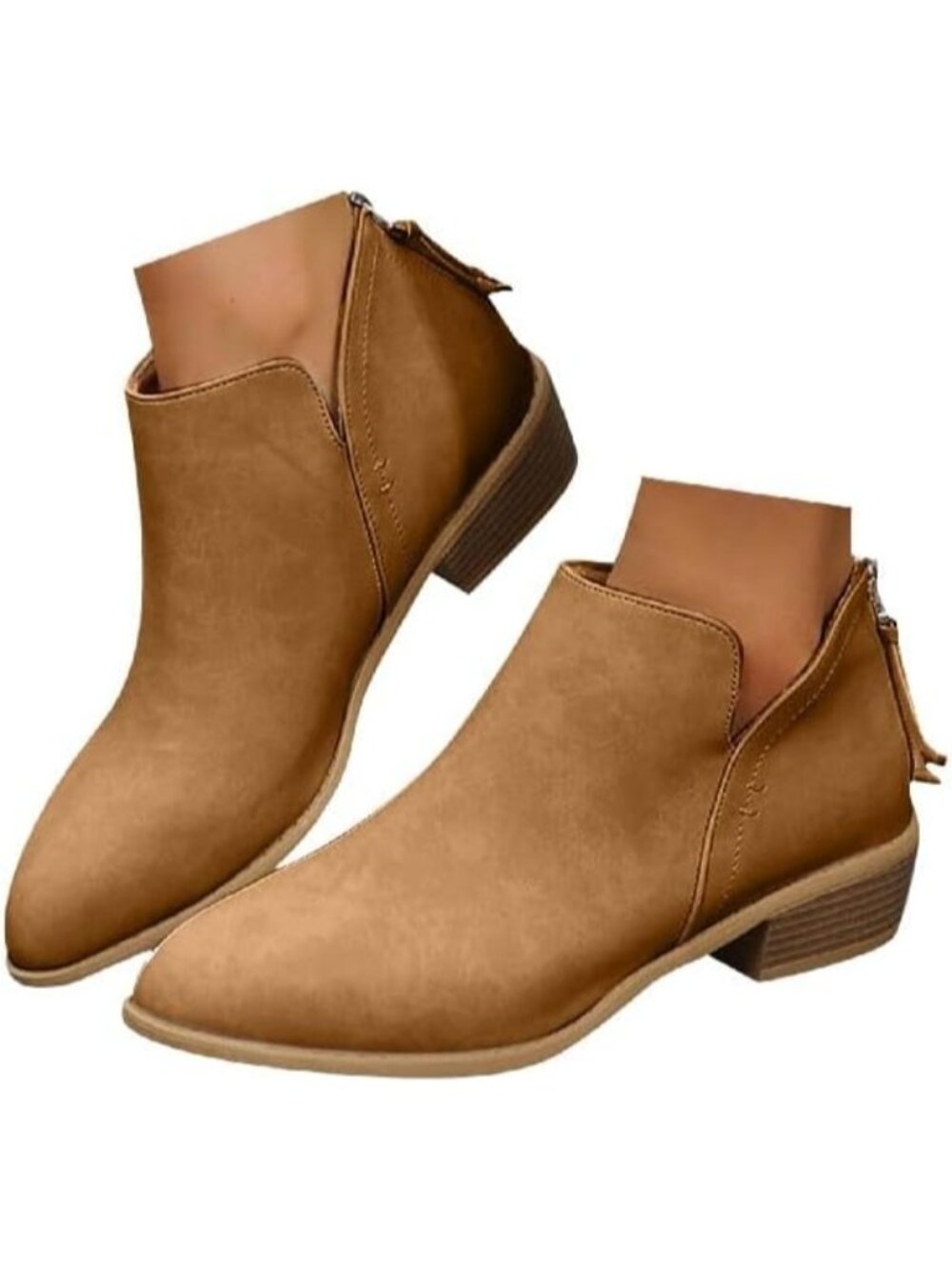 Women Suede Ankle Cowboy Boots Pointed Toe Low Block Heel Western Booties-Brown2